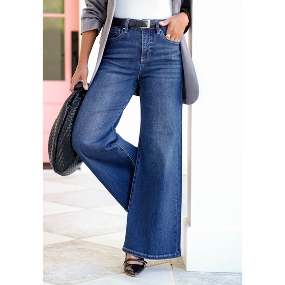 Risen Jeans Denim - Risen The Opalite High Rise Dark Wash Tummy Control Palazzo Jeans
